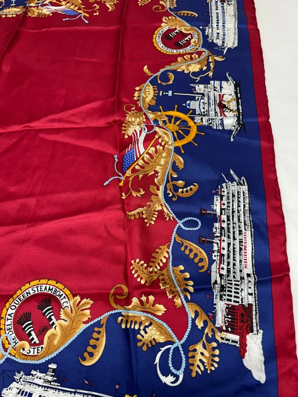 Vintage The Delta Queen Steamboat Co Red and Navy Silk Decorative Souvenir Scarf - Picture 5 of 8